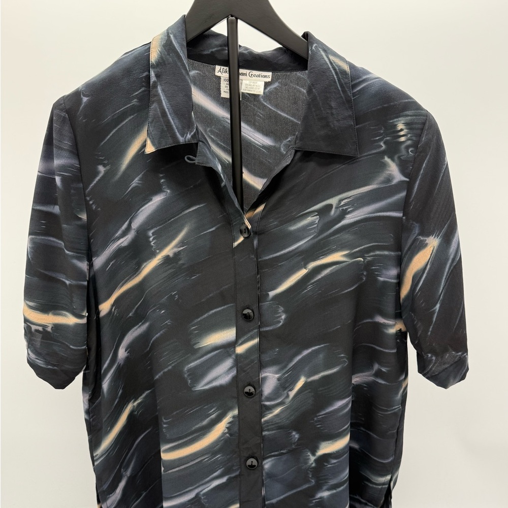 Aliki Yamani Creations Silk Blouse Womens Medium Black Abstract Button Front - Picture 1 of 8